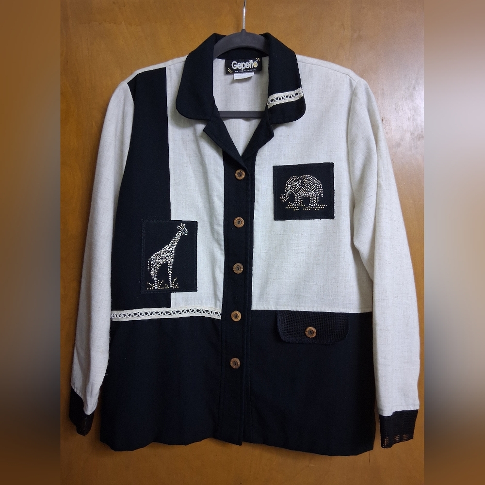 Vintage Gepetto Black and Cream Animal Decals Button-Up Shirt Shoulder Pads M